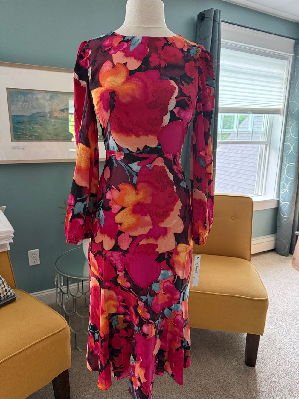 NWT Maggy London Floral Midi Dress Size 2 Pink Long Sleeve